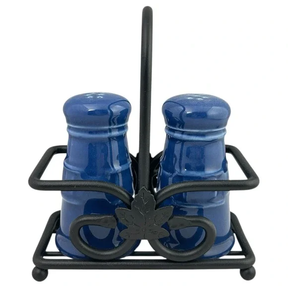 Longaberger Cornflower Blue Salt & Pepper Shaker Set w/ Black Wrought Iron Caddy - Picture 3 of 14